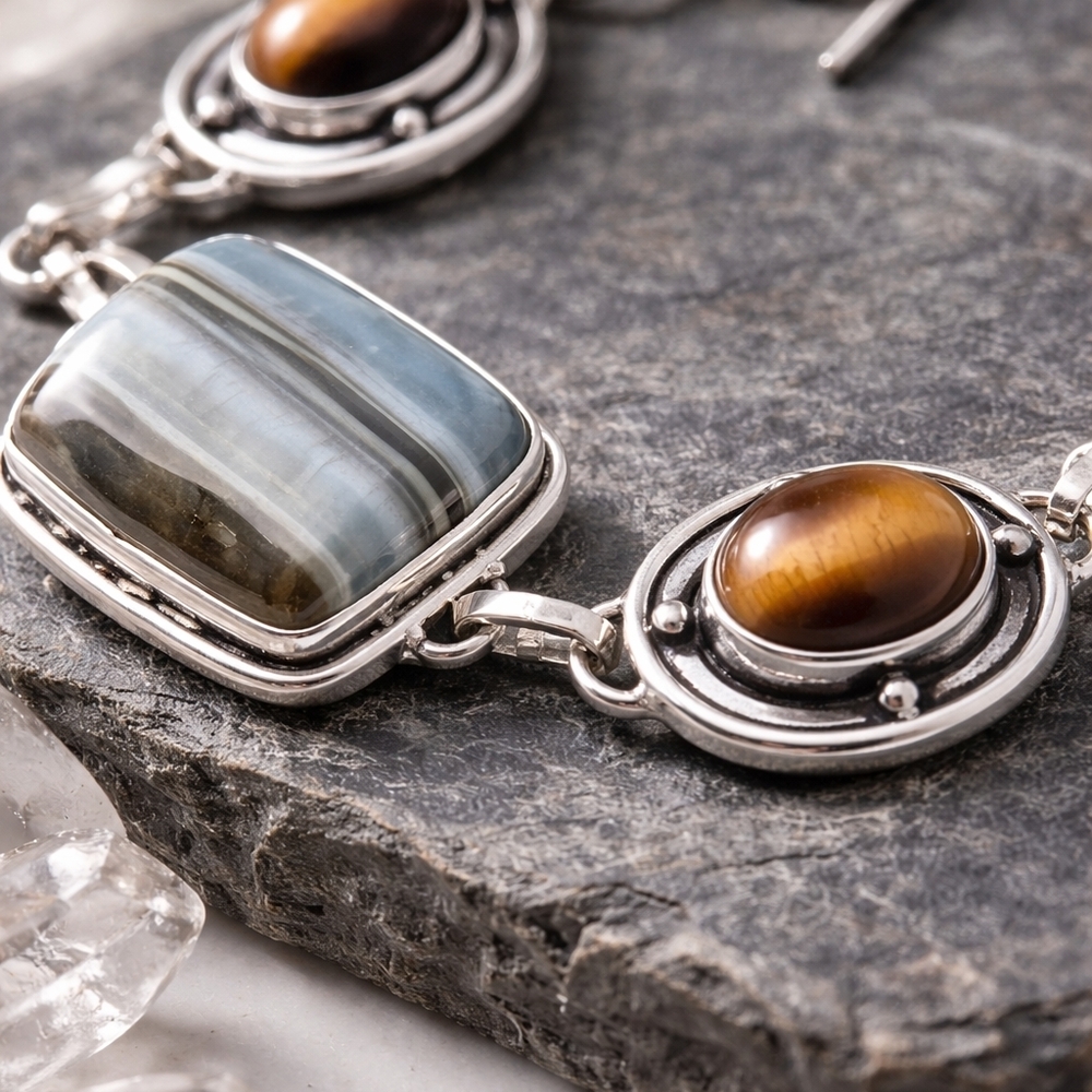 925 Silver Handcrafted Botswana Agate Tigers Eye Gemstone Toggle Boho Bracelet - Picture 9 of 13